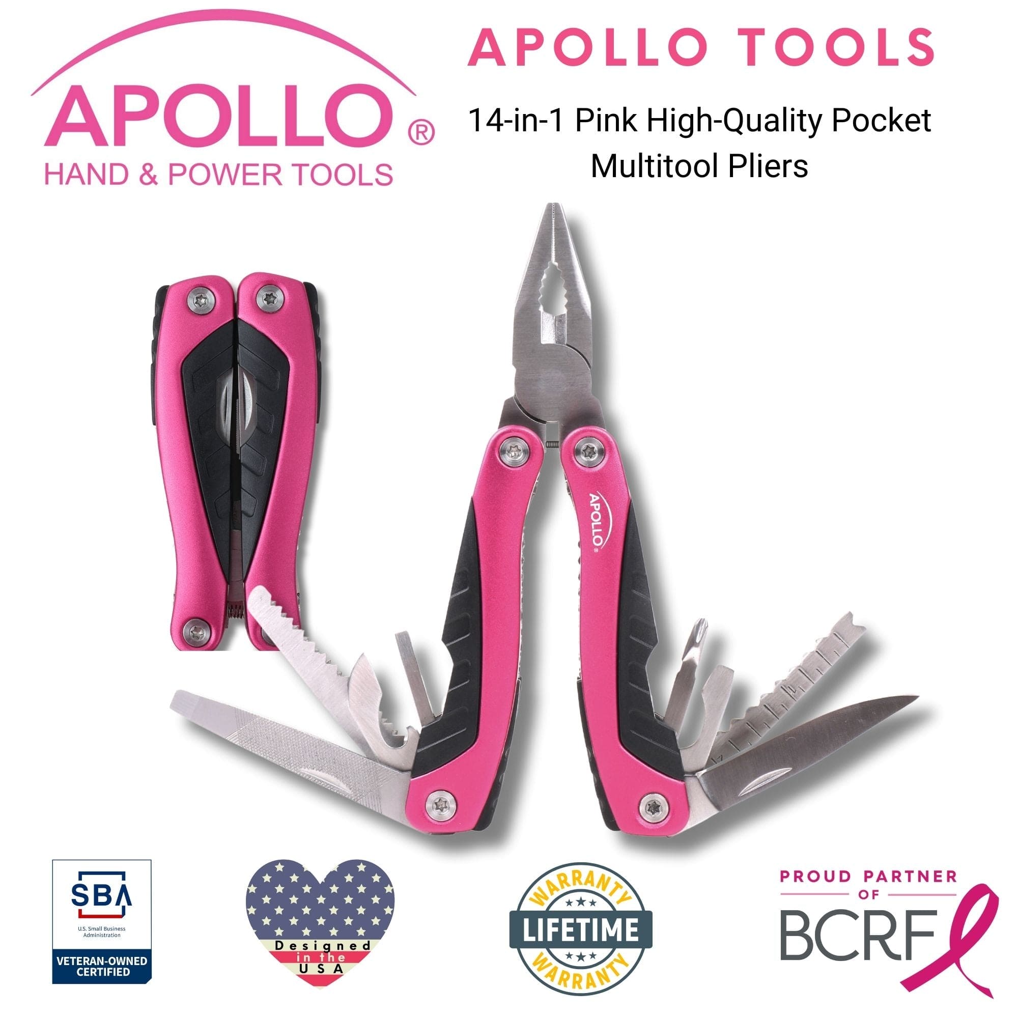 14-in-1 Pink High-Quality Pocket Multitool Pliers. Great for Outdoors, Camping, Fishing  --DT5015P